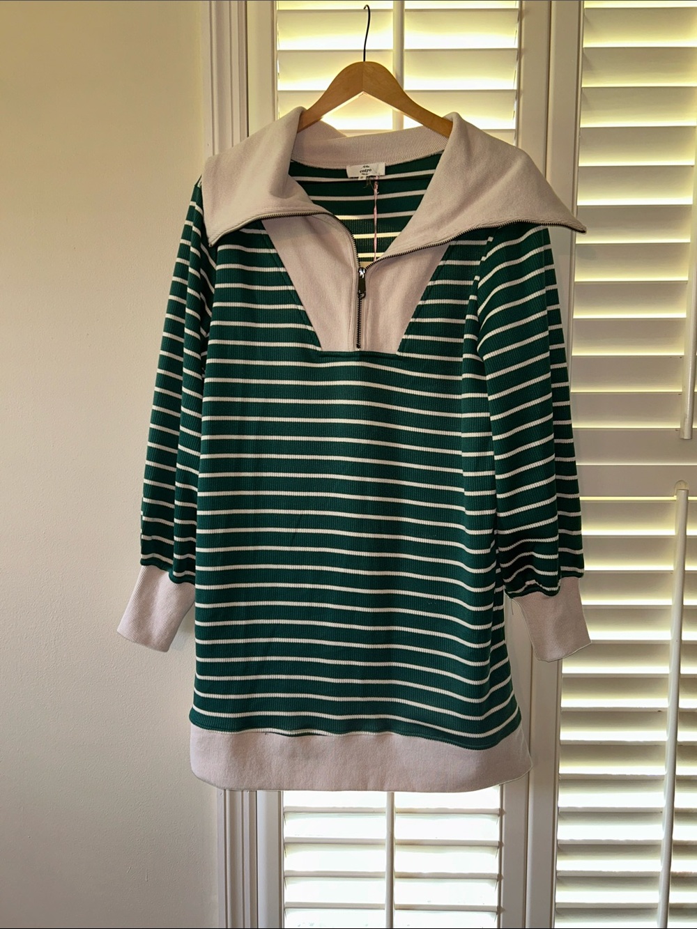 entro Green & White Striped Mini Dress with Zip Collar